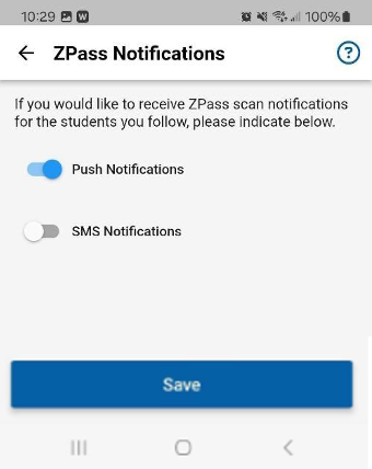 ZPass Notifications showing 'Push Notifications' as active.